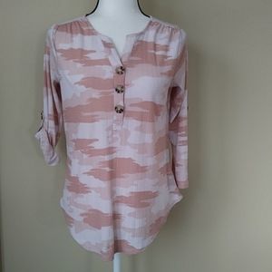 Como Vintage Tab Sleeve V Neck Top S White Pink